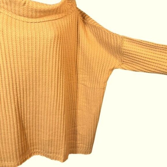 Free People Juicy Long Sleeve Cowl Neck Waffle Knit Split Back Top Mustard Sweat - Picture 14 of 16